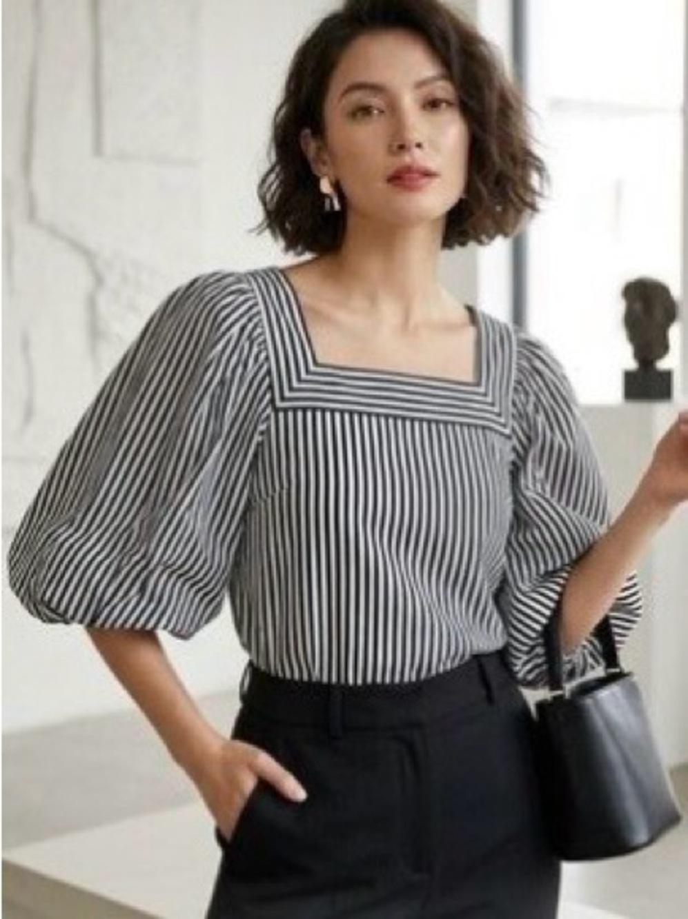 LOFT Black & White Striped Square-Neck Puff Sleeve Blouse Size Medium